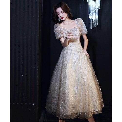 Golden pearl princess dress banquet host pettiskirt evening dress student graduation prom dress birthday party costume A018