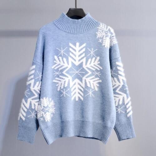 Autumn and winter new half high-neck pullover sweater women loose lazy wind Christmas snowflake all-match bottoming ladies