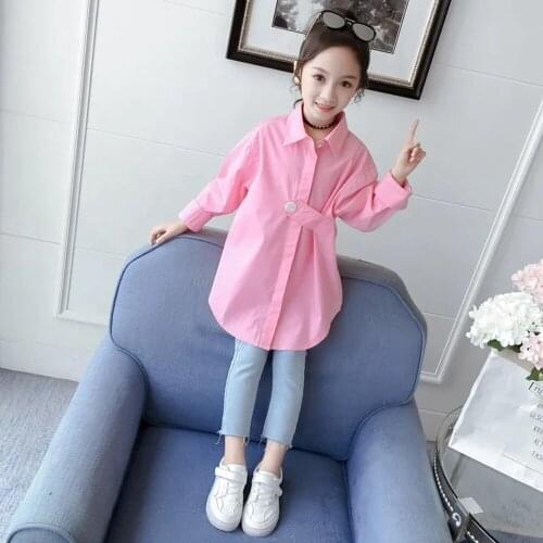 Teenage Girls Cotton Blouses Shirt 4-14 Years Solid Long Sleeve Childrens Clothing Pink Green Button Loose Top Blouse 6 8 9 10