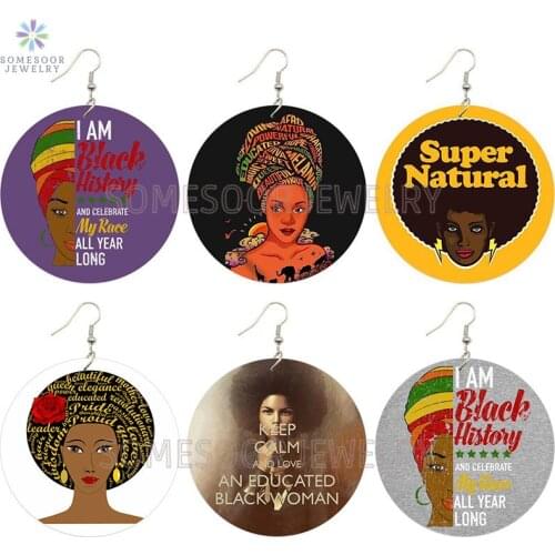 SOMESOOR Super Natural Hair Afro Wooden Drop Earrings Black Race History Woman Headwrap Designs Printed Jewelry For Women Gifts