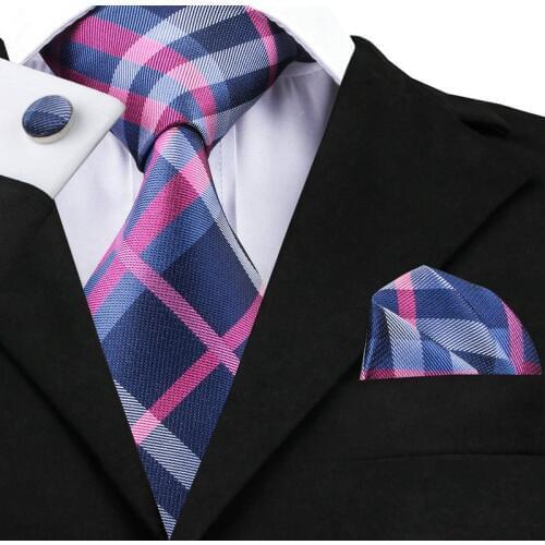 SN-653 Darkblue Mediumvioletred Plaid Tie Hanky Cufflinks Sets Mens 100% Silk Ties for men Formal Wedding Party Groom