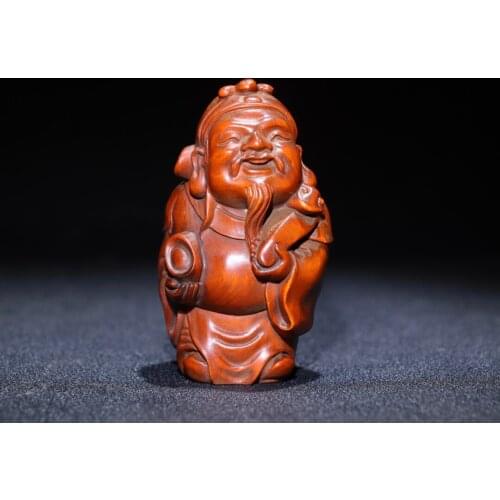 3" China Lucky Old Boxwood Hand-carved God of Wealth Statue Ruyi God of Wealth Lucky Office Ornaments Town House