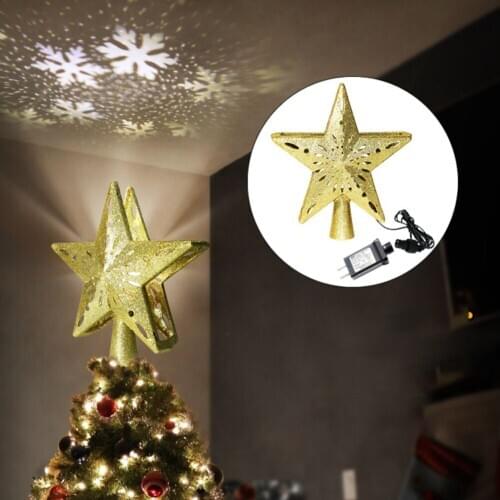 Hollow 3D Glitter Lighted Star Christmas Tree Toppers With Built-in Rotating LED Snowflake Projector Lights Xmas Home Decoration