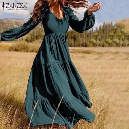 ZANZEA 2021 Stylish Ruffle Maxi Dress Casual Puff Sleeve Tunic Vestidos Female Solid Robe Womens Autumn Sundress