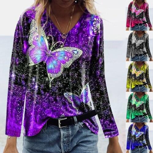 2021 Autumn Women V-neck T-shirt Tops Female Fluorescence Color Butterfly Printing Long Sleeve Loose Casual Tees