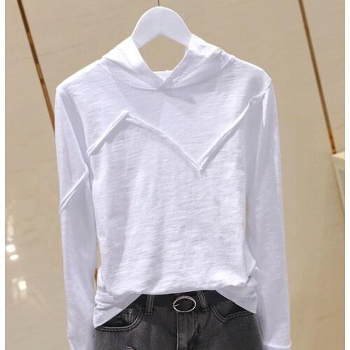 Hooded Cotton Solid Women T-shirts 2020 Summer New Loose Long-sleeved Lady Casual All Match Pulls Tops Tees Top Quality
