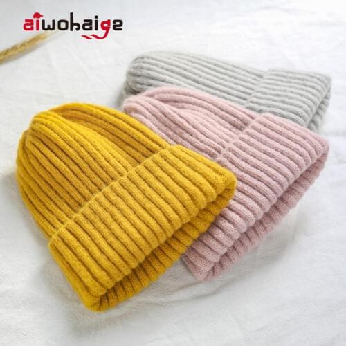 2019 New Winter Solid Color Wool Knit Beanie Women Fashion Casual Hat Warm Female Soft Thicken Hedging Cap Slouchy Bonnet Ski
