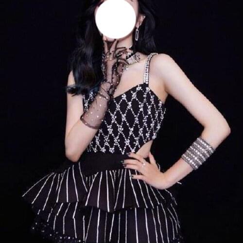 Women Group Performance Costumes Sexy Shiny Rhinestone Fluffy Short Dress Pole Clothing Jazz Dance Costumes Rave Clothes XS1296