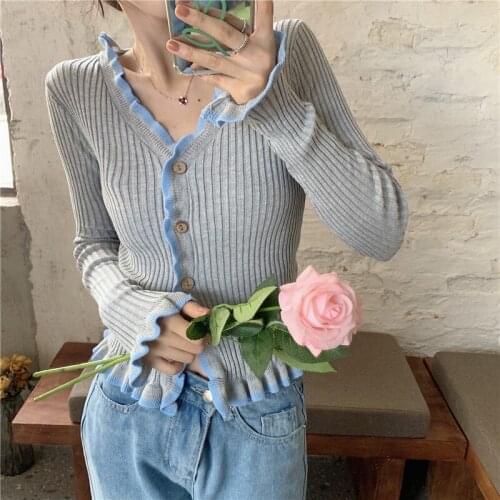 Women Stretch Knitted Cardigan V-neck Lace Long Sleeve Single Breasted Short Sweater New Korean Style Sweet Tops M-4XL