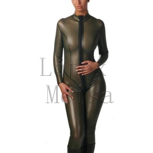 3D Breast design Fetish womens latx catsuit with front zip in transparent army green color