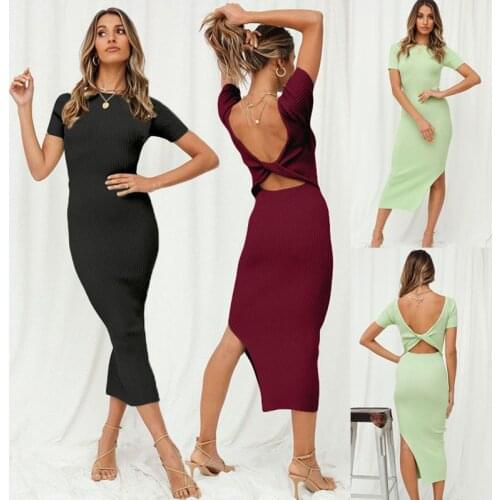 Spring And Summer Womens Long Dress Slim Thin Knit Dress With Slits Open Back Straps Sexy O-neck Design Elegant