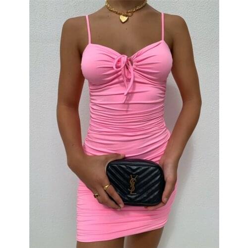 Women Summer Bodycon Slim Braces Mini Dress Solid Color Spaghetti Strap V-Neck Ruffled Tight Braces Dress Apricot/Pink