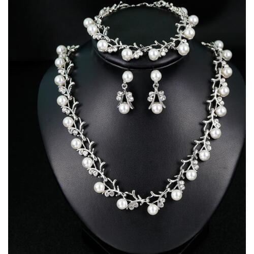 Women Bride Faux Pearl Rhinestone Necklace Stud Earrings Bracelet Jewelry Set