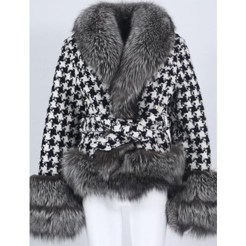 MENINA BONITA 2021 Real Fur Coat Winter Jacket Women Natural Fox Fur Collar Belts Thick Warm Plaid Outerwear Streetwear Fashion