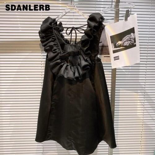 2021 Summer New Bow Lace Band Hollow Mesh Princess Dress Women Sleeveless Black Dress Casual Female Bandage Faldas