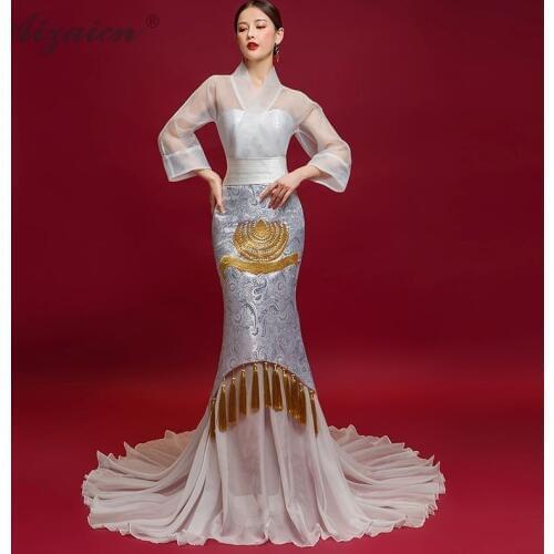 White Fashion Mermaid Long Cheongsam China Host Evening Gown Modern Stage Show Qi Pao Women Chinese Traditional Dress Qipao