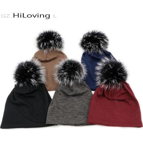 GZhilovingL Winter Hats For Women 2017 Slouchy Cap with Fur Pompom Fashionable Spring Autumn Girls Cotton Skullies Beanies hat