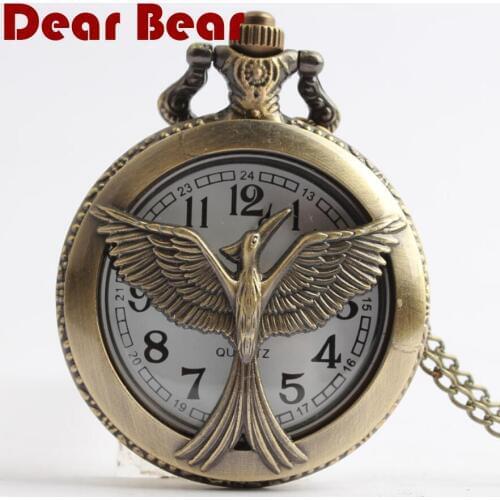 1033) big size 47mm Vintage Brass Hunter Game 3 Fly eagle Pocket Watch Necklace 12 pcs/lot free shipping