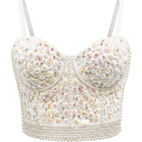 2020 Sexy Top Beaded Pearl Crop Top Women Bustier Femme Push Up Bra Holiday Wedding Tank Top with Rhinestone