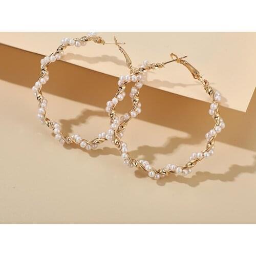 Large New Women Faux Pearl Circle Silver Color Hoop Earring Gold for Women Round Earrings Hoops Ear Rings Party Club Gift серьги