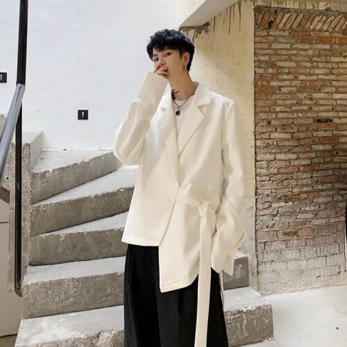 Spring Autumn Mens Blazers Jacket Black White Irregular Loose Casual Coat Outwear Lace Up N2