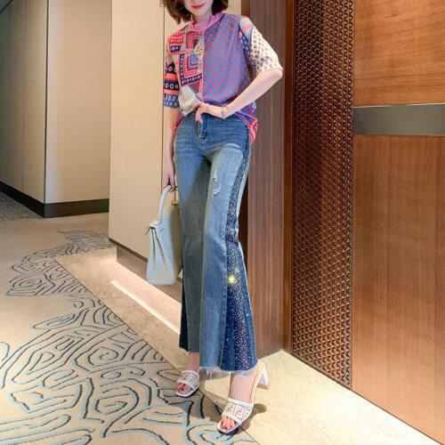 Denim Flared Pants Womens Spring and Autumn 2021 New High-waisted Retro Lace-up Casual Trousers with Diamonds