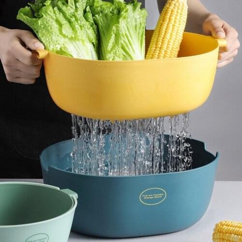 Kitchen Double Drain Basket Bowl Washing Storage Basket Rice Washing Filter Strainers Plastic Vegetable Cleaning Colander Tool