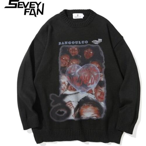 SEVEYFAN Mens Fashion Characters Printed Sweater Hip Hop Loose O Neck Knitwear Autumn Pullover Sweaters for Couples