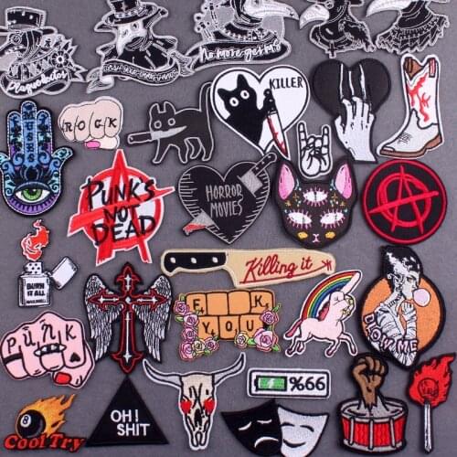 Punk Animals Embroidered Patches For Clothing Stickers Applique killer Cat Patch Iron On Patches On Clothes Badges On Backpack