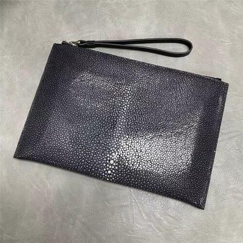 Authentic Real True Stingray Skin Businessmen Ultrathin Clutch Large Card Purse Genuine Exotic Leather Male ZIP Wristlets Bag