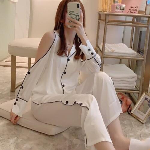 Off the Shoulder 2Pcs Solid Pajamas Button Long Sleeve Pyjamas Women Sexy Pijama Mujer Loungewear Home Clothes Sleep Set H223