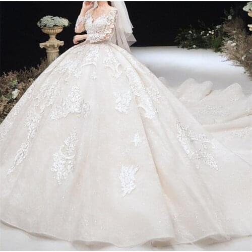 Luxury Dubai Ball Gown Wedding Dresses Long Sleeves Lace Appliqued Bridal Gowns Elegant Arabian Custom Made Vestidos De Novia