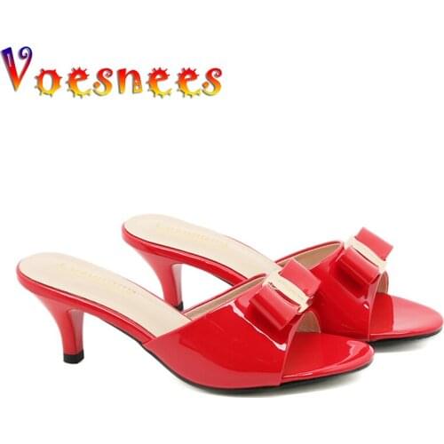 Summer Women Shoes Low Heel Modern All-Match Slippers Metal Decoration Butterfly-Knot Shallow Mouth Thin Heel Sandals High Heels