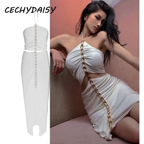 Sexy Chain Dresses For Women 2021 Spring Summer Off-Shoulder Neck-Mounted High Split Hollow Out Bodycon Party Night Club Dress