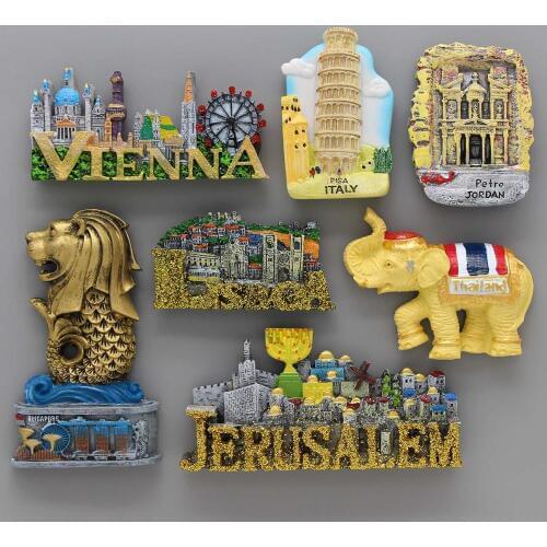Jerusalem Souvenirs Lisbon Portugal home decoration fridge magnets Vienna pisa Italy Thailand elephant Singapore Merlion Jordan