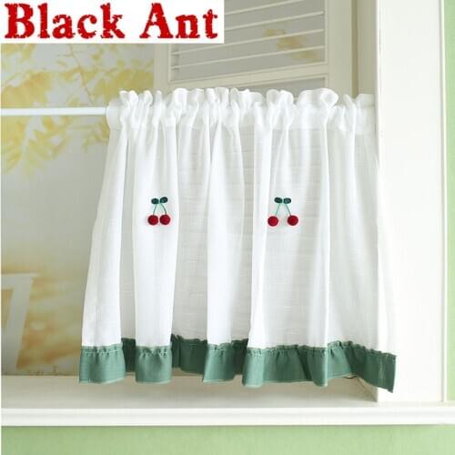 Japanese Lovely Short Curtain White Linen Voile Splicing Green Lacework Living Room Small Window Drapes Kitchen Partition JD841F