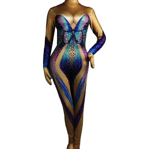 Sparkly Blue Diamonds Long Sleeve Women Jumpsuit Nightclub Singer Show Butterfly Costume Evening Prom Pole Dancing Bodysuit