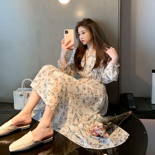 2021 New Spring Autumn Floral Printed Dress Women Sweet V-Neck Long Sleeve High Waist Slim Fit Casual Super Fairy Korean Dress