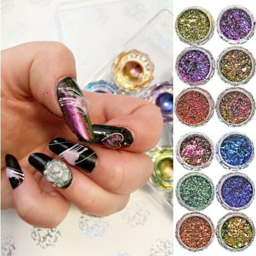 12 Jars/Mirror Chameleon flakes Nail Art, Color changing Glitter Powder Sets Decoration supplies,Manicure Chrome Pigment#DB35436