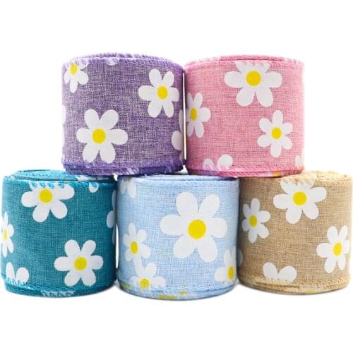 2.5" 63MM 10 Yards Daisy Flower Wired Edge Ribbon Spring Summer Floral Decoration for Craft & DIY , Butterfly Bow,Y2021060703