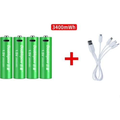 4pcs/lot New 1.5V AA rechargeable battery 3400mWh USB rechargeable lithium battery with Micro USB cable for fast charging