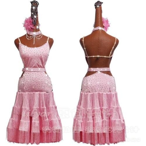 Shiny Rhinestones Latin Dance Dress For Women High-end Custom Pink Tassel Dance Dress Sleeveless Sexy Ballroom Skirt