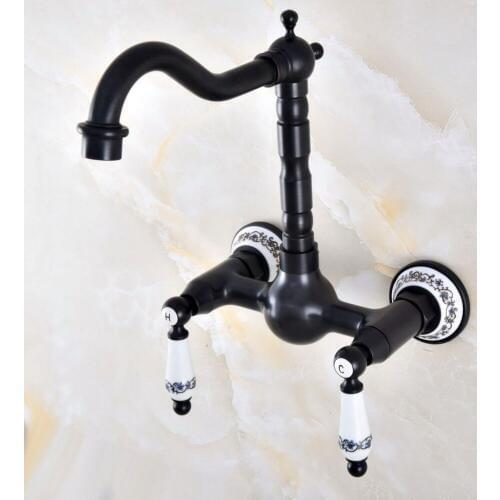 Black Oil Rubbed Bronze Wall Mounted Bathroom Kitchen Sink Faucet Swivel Spout Mixer Tap Dual Ceramics Handles Levers anf863