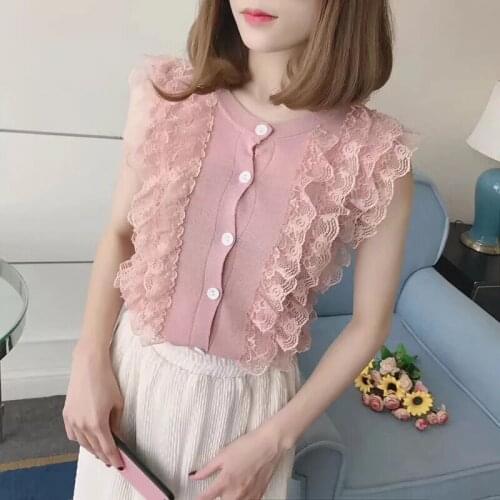 Camisas De Mujer 2021 Summer Knitted Shirt Women Blouse Lace Patchwork Sleeveless Womens Shirt Button Tops Thin Clothes 15197