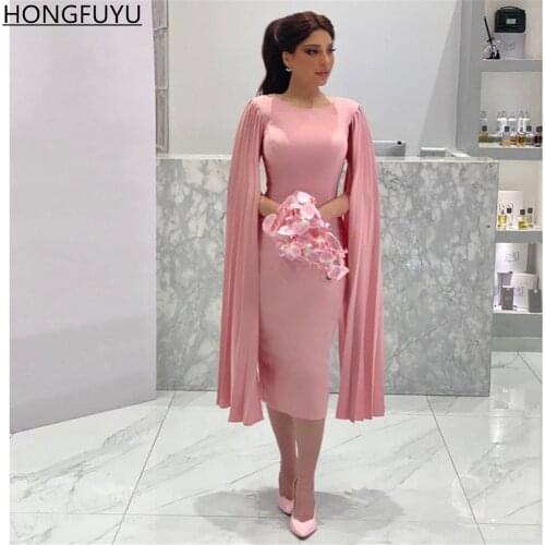 HONGFUYU Pink Satin Formal Prom Dresses robe de soirée de mariage with Cloak Sleeves Womens Party Evening Dress فساتين السهرة