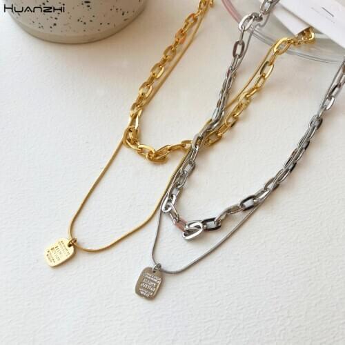 HUANZHI 2020 New Retro Metal Geometric Double LayerTitanium Steel Square Pendant Punk Clavicle Chain Necklace For Women Jewelry