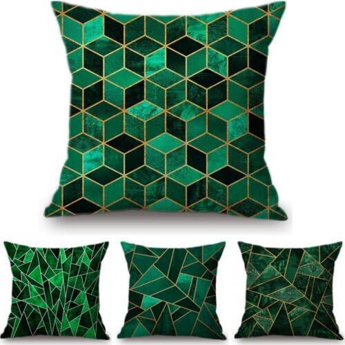 Emerald Geometric Cubes Triangle Decorative Sofa Pillow Cotton Linen Jade Green Pastoral Marble Texture Cushion Cover Car Pillow