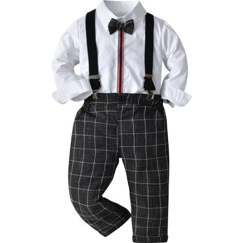 Boys Wedding Clothes 2-8 Y Kids Long Sleeve Gentleman Suits Withe Shirts Plaid Suspender Pants Boys 2pcs Sets Baby Party Clothes