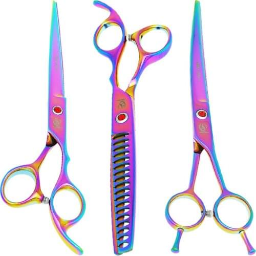 7" Pet Grooming Scissors Set for Dog Japan Steel Professional Straight Curved Cutting Shears Puppy Hair Thinning Clippers B0019A