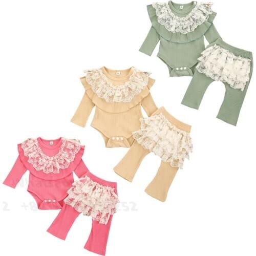 Sweet 0-24M Infant Baby Girl Clothes Flower Lace Collar Long Sleeve Knited Top+Long Pants Solid Knited 2pcs Set Outfits 2021